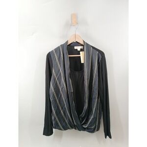 Michael Kors Draped Wrap Top Womens XL Black Silver Chain Stripe Long Sleeve